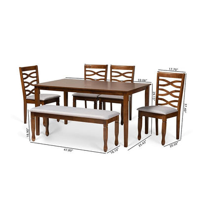 Grey Fabric Upholstered and Walnut Brown Finished Wood 6-Piece Dining Set
