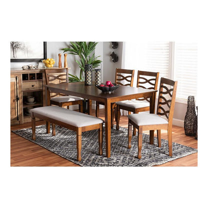 Grey Fabric Upholstered and Walnut Brown Finished Wood 6-Piece Dining Set