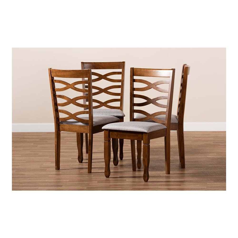 Grey Fabric Upholstered and Walnut Brown Finished Wood 4-Piece Dining Chair Set