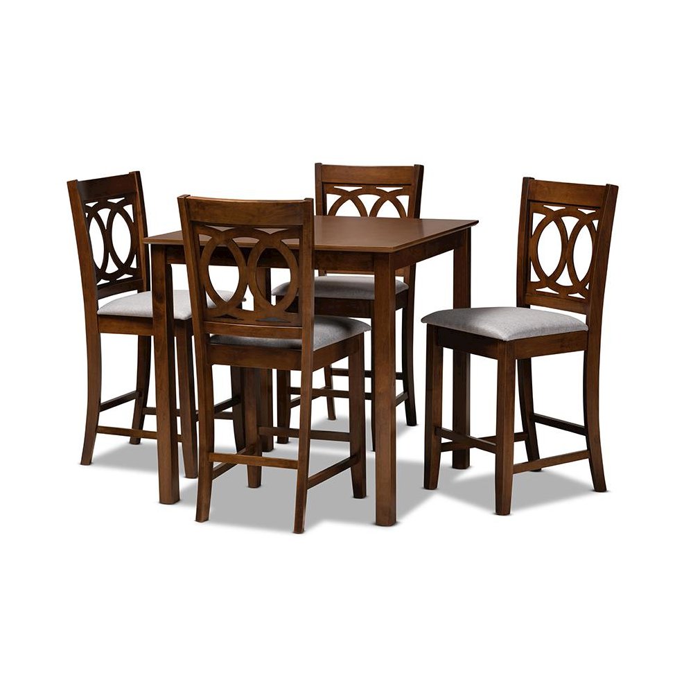 Grey Fabric Upholstered Walnut Brown Finished 5-Piece Wood Pub Set