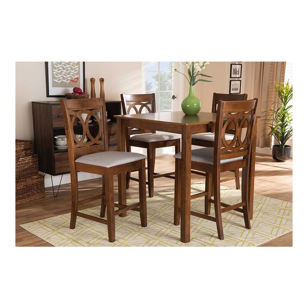 Grey Fabric Upholstered Walnut Brown Finished 5-Piece Wood Pub Set