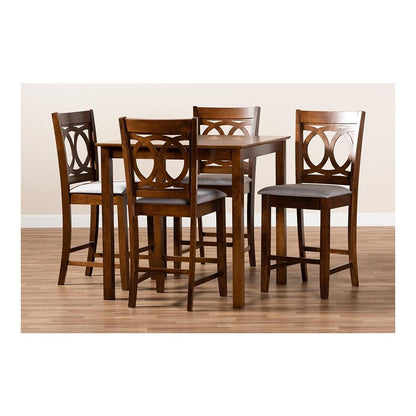 Grey Fabric Upholstered Walnut Brown Finished 5-Piece Wood Pub Set