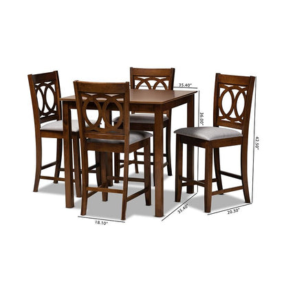 Grey Fabric Upholstered Walnut Brown Finished 5-Piece Wood Pub Set