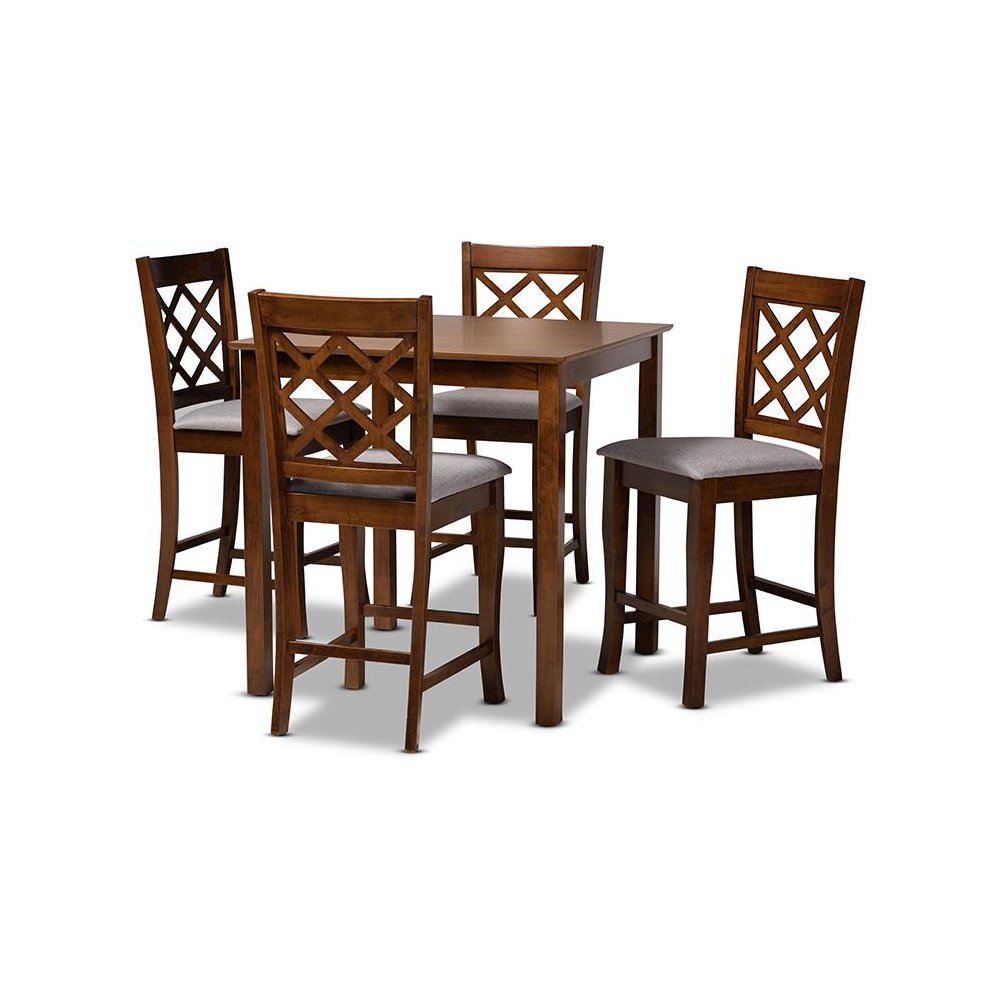 Grey Fabric Upholstered Walnut Brown Finished 5-Piece Wood Pub Set