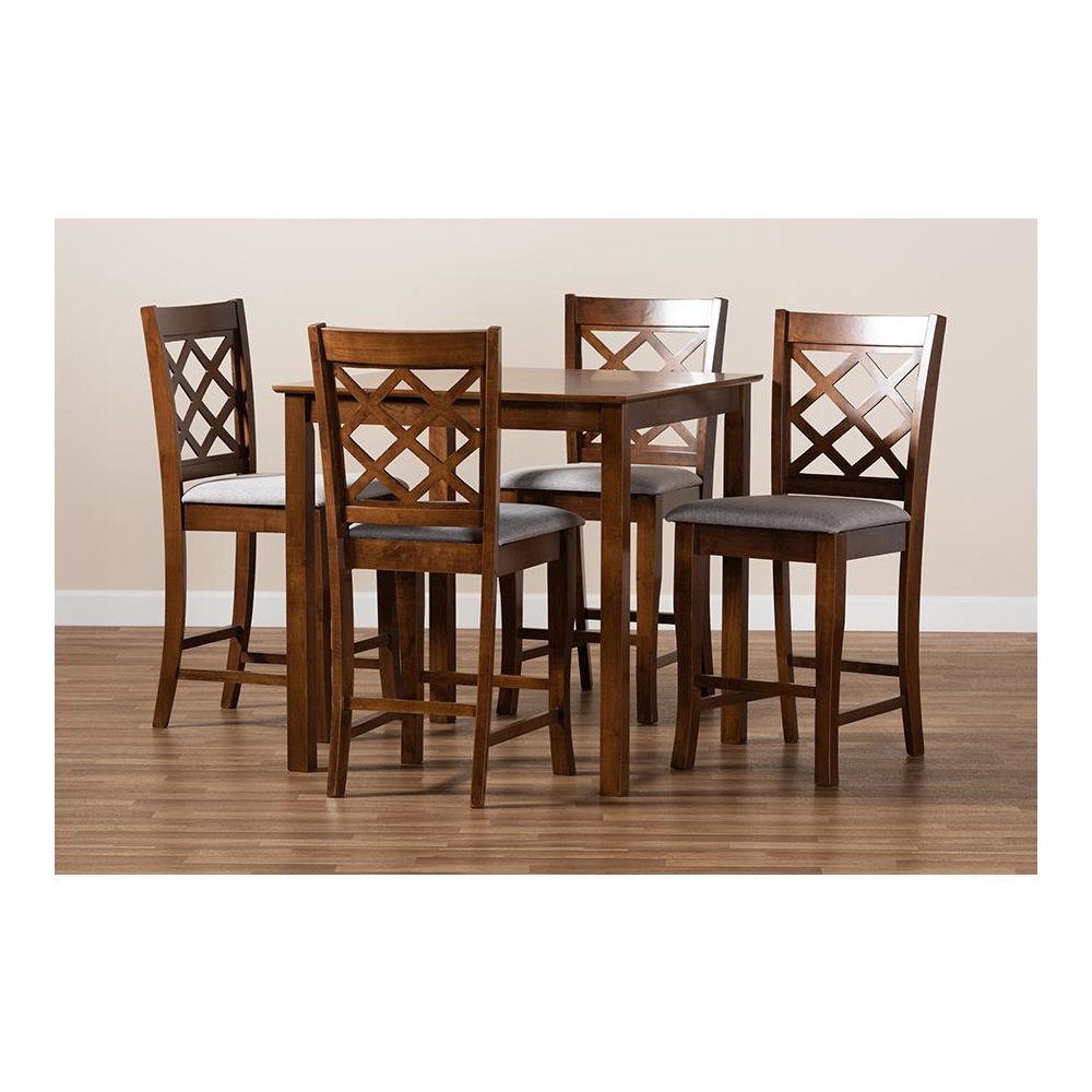 Grey Fabric Upholstered Walnut Brown Finished 5-Piece Wood Pub Set
