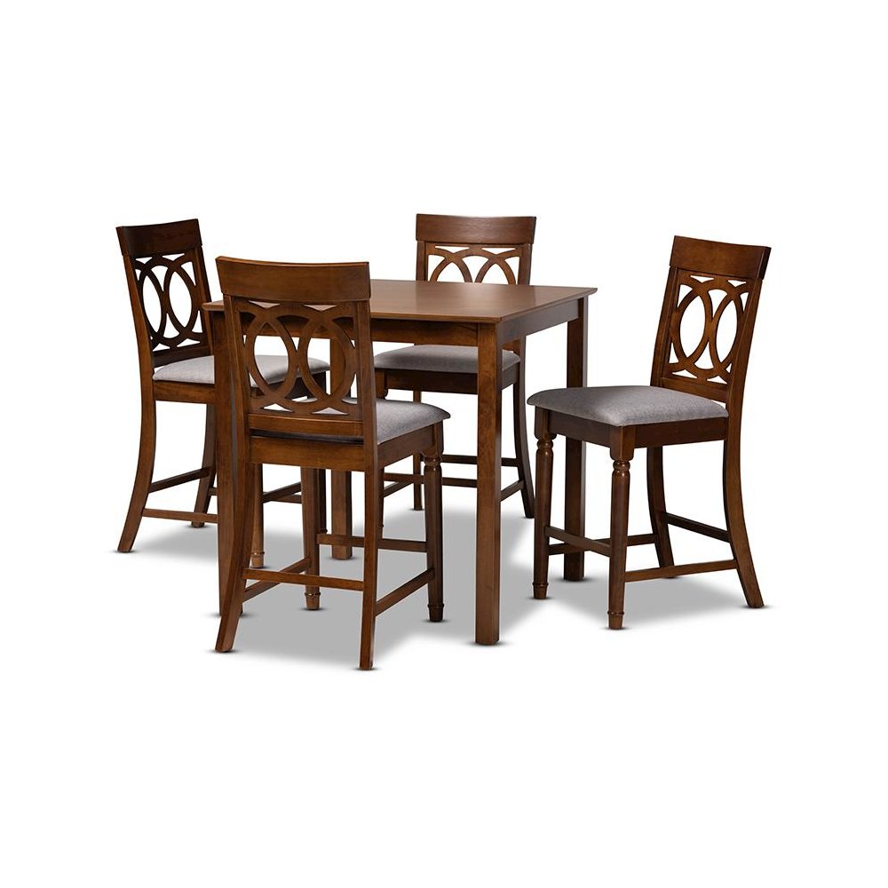 Grey Fabric Upholstered Walnut Brown Finished 5-Piece Wood Pub Set