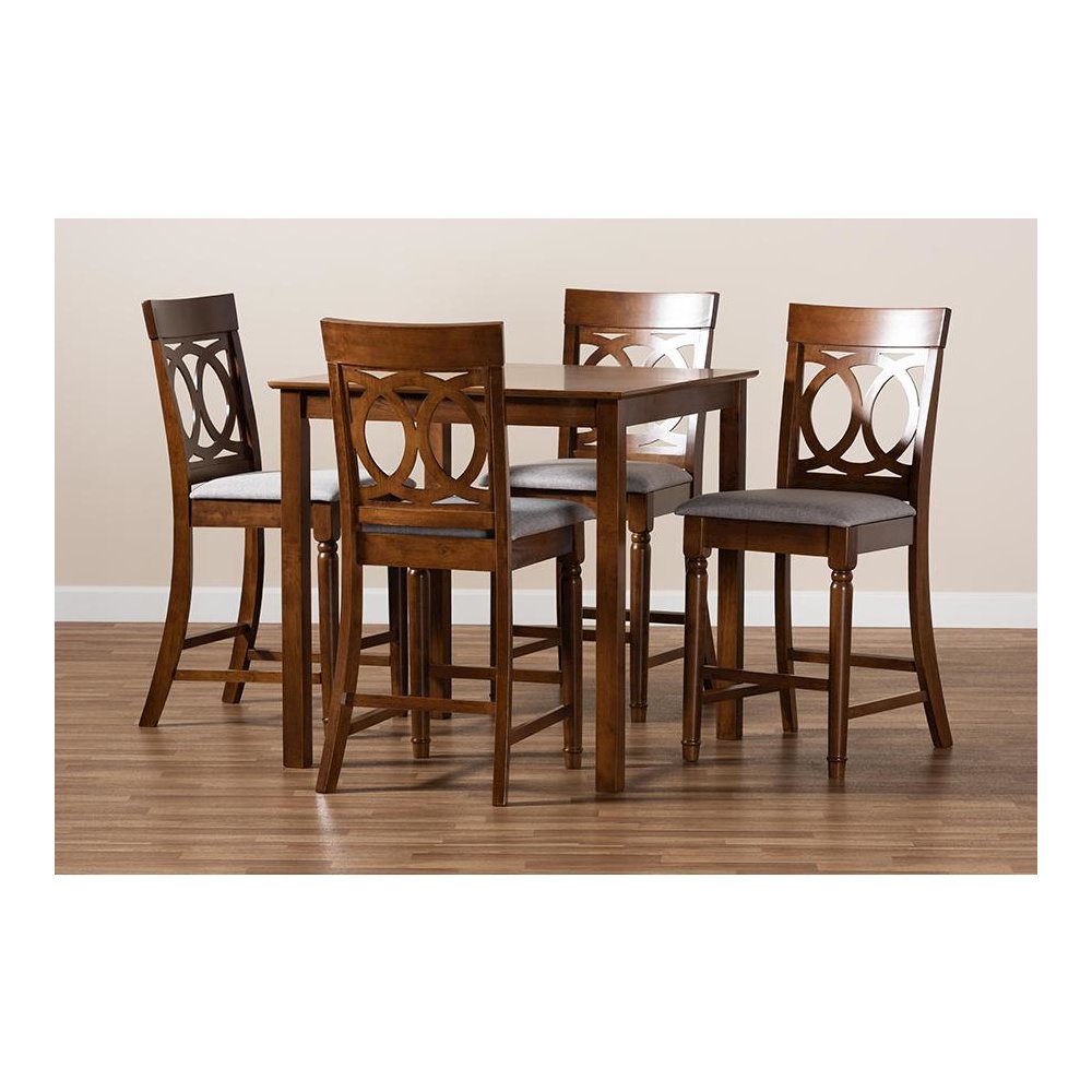 Grey Fabric Upholstered Walnut Brown Finished 5-Piece Wood Pub Set