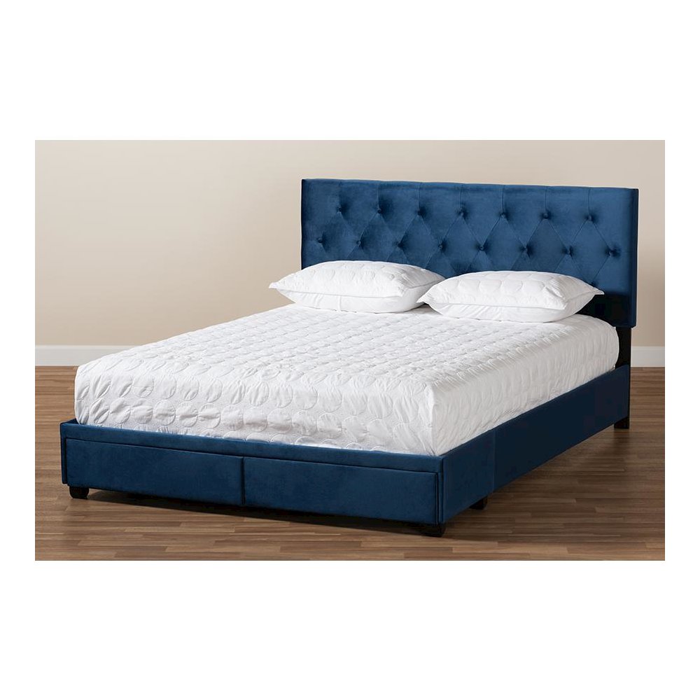 Navy Blue Velvet Fabric Upholstered 2-Drawer Queen Size Platform Storage Bed