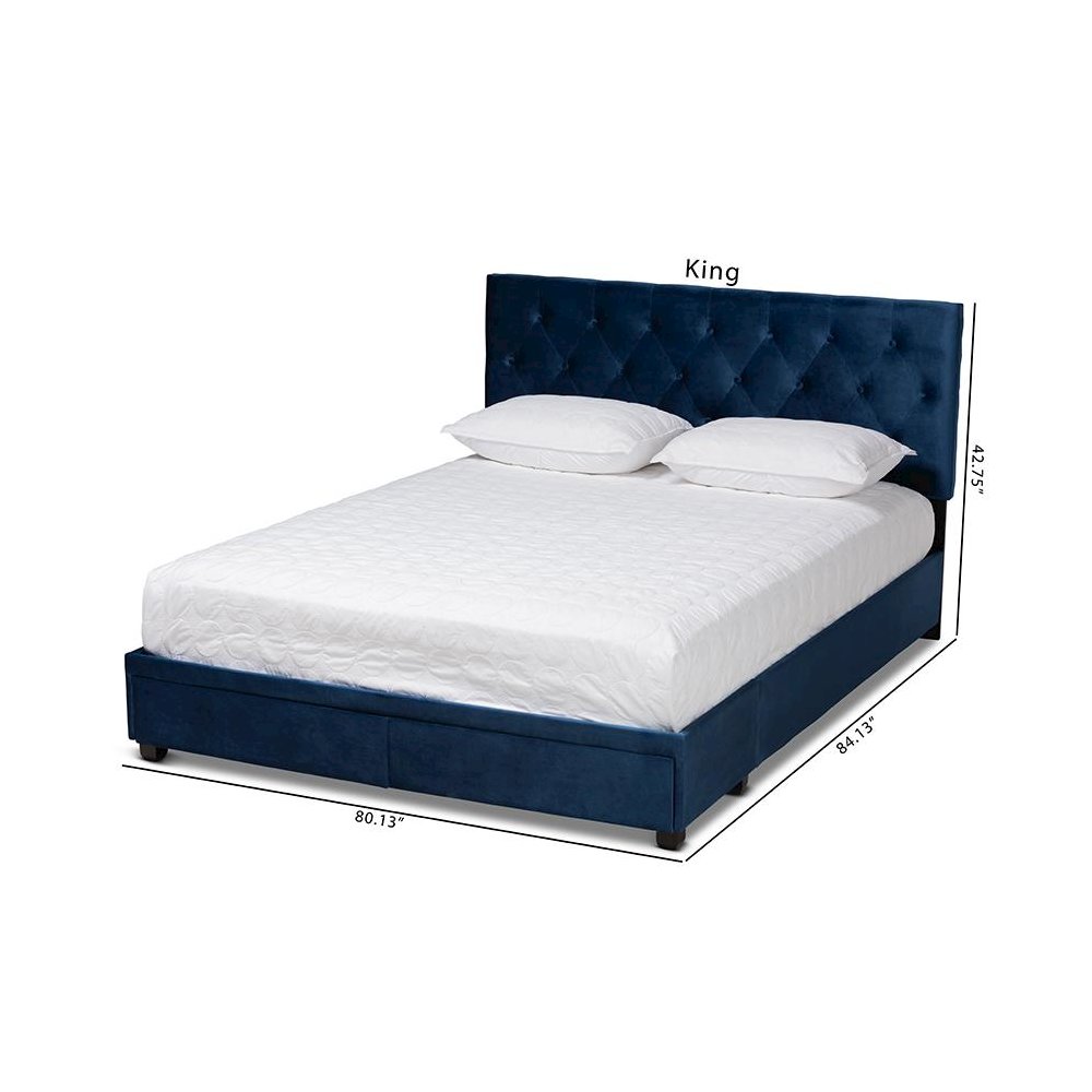 Navy Blue Velvet Fabric Upholstered 2-Drawer Queen Size Platform Storage Bed