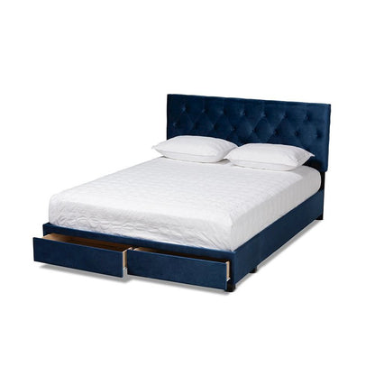 Navy Blue Velvet Fabric Upholstered 2-Drawer Queen Size Platform Storage Bed