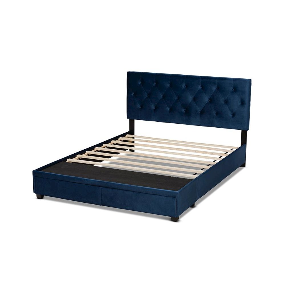 Navy Blue Velvet Fabric Upholstered 2-Drawer Queen Size Platform Storage Bed