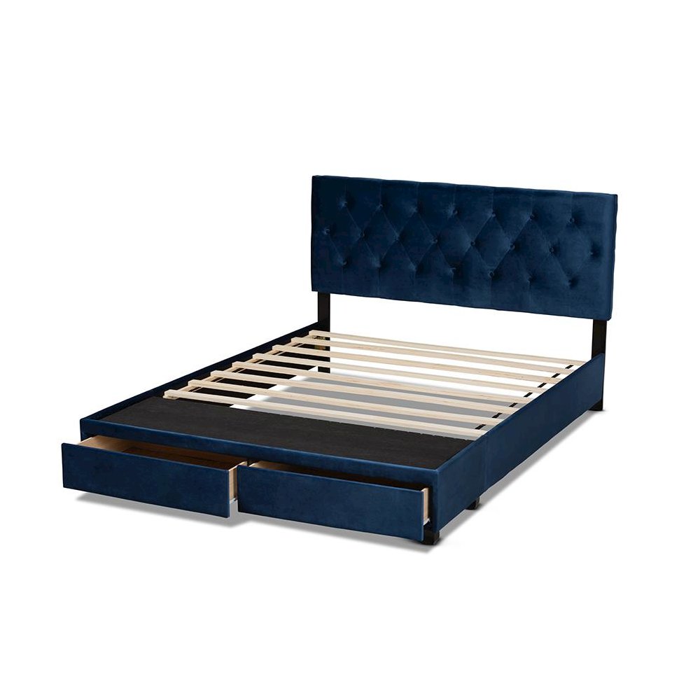 Navy Blue Velvet Fabric Upholstered 2-Drawer Queen Size Platform Storage Bed
