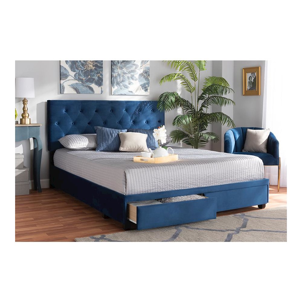 Navy Blue Velvet Fabric Upholstered 2-Drawer Queen Size Platform Storage Bed