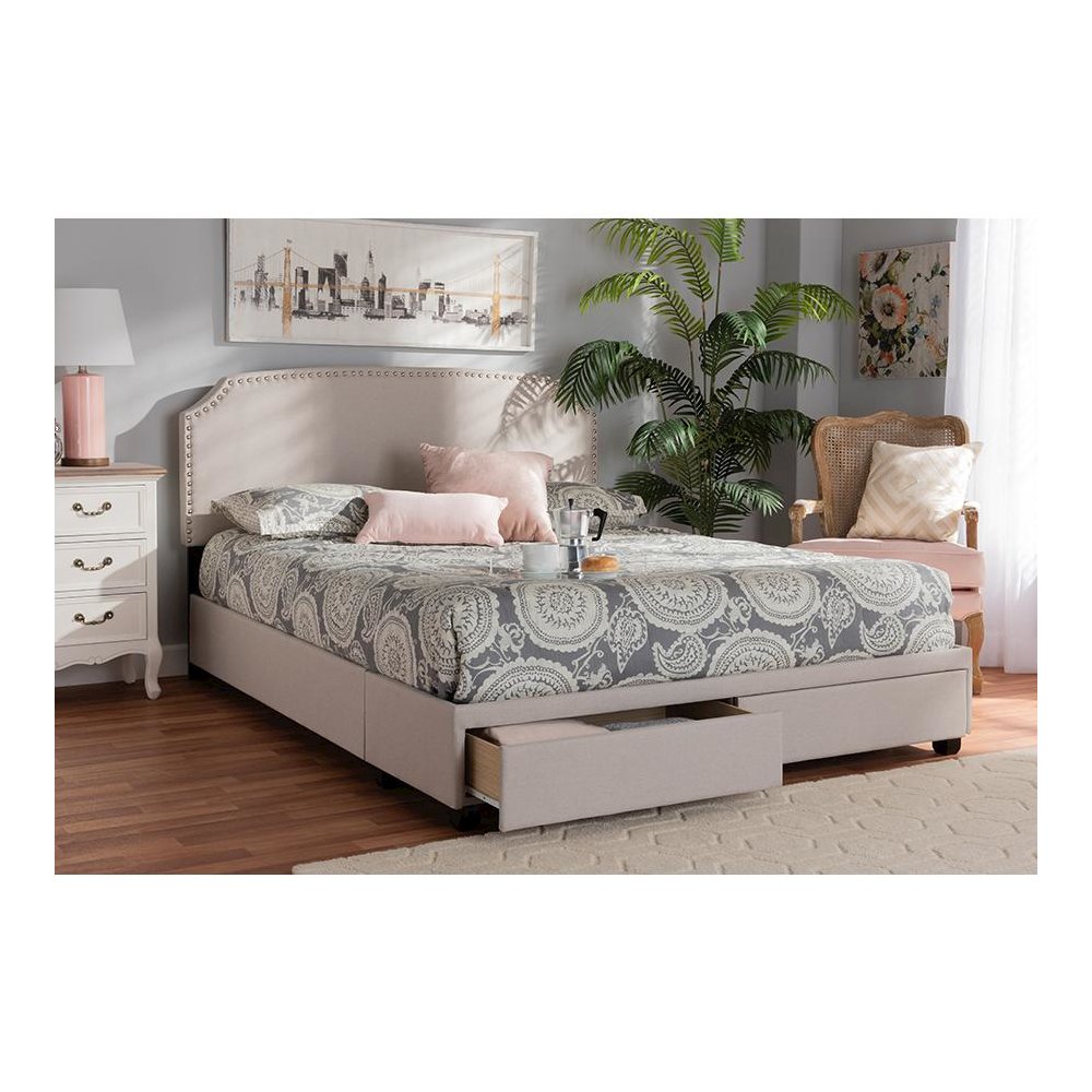 Larese Beige Fabric Upholstered 2-Drawer Queen Size Platform Storage Bed