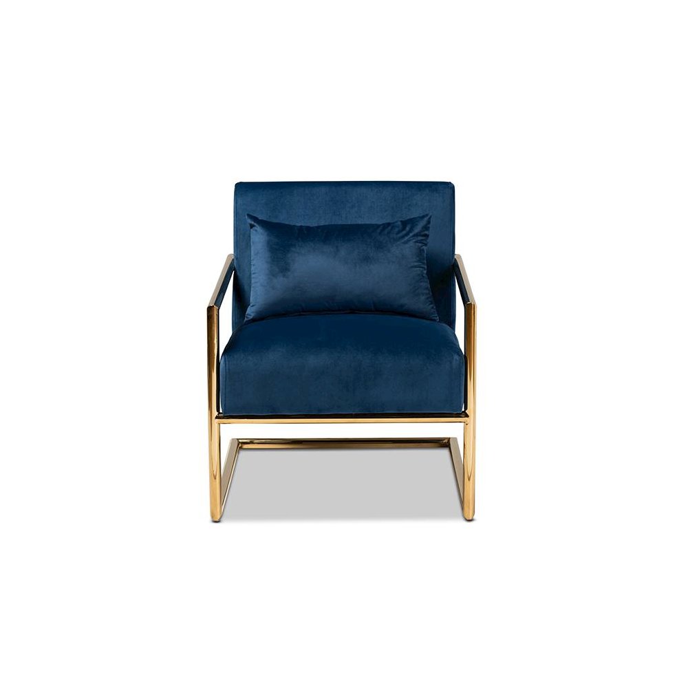 Luxe Navy Blue Velvet Fabric Upholstered Gold Finished Metal Lounge Chair