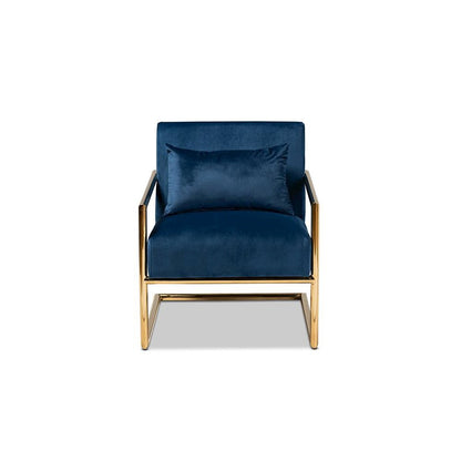 Luxe Navy Blue Velvet Fabric Upholstered Gold Finished Metal Lounge Chair