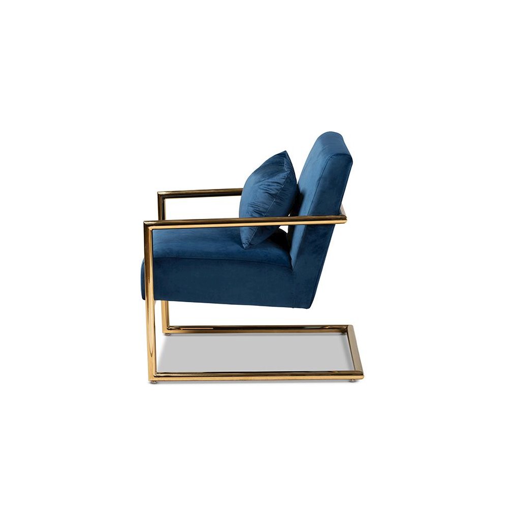 Luxe Navy Blue Velvet Fabric Upholstered Gold Finished Metal Lounge Chair