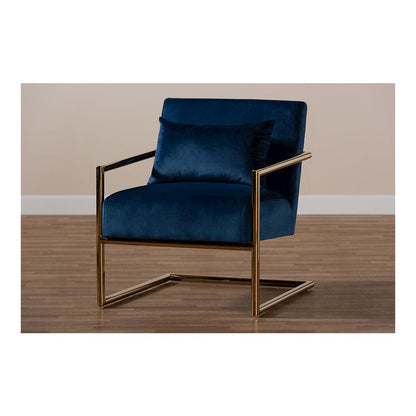 Luxe Navy Blue Velvet Fabric Upholstered Gold Finished Metal Lounge Chair