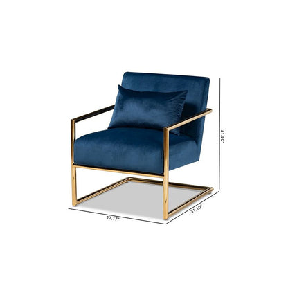 Luxe Navy Blue Velvet Fabric Upholstered Gold Finished Metal Lounge Chair
