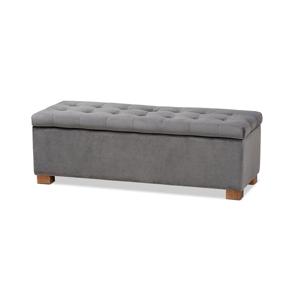 Grey Velvet Fabric Upholstered Grid-Tufted Storage Ottoman Bench
