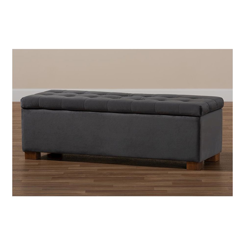 Grey Velvet Fabric Upholstered Grid-Tufted Storage Ottoman Bench