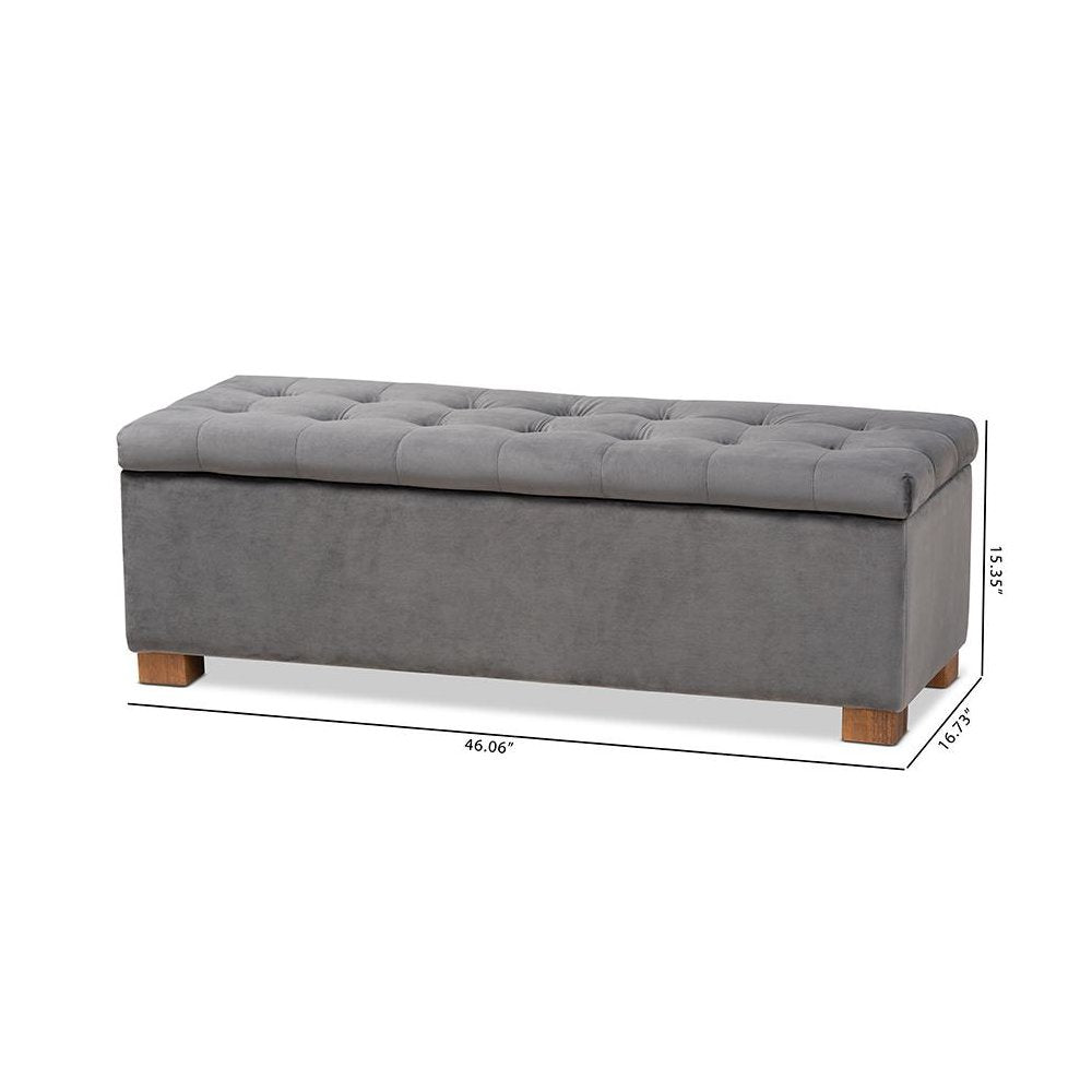 Grey Velvet Fabric Upholstered Grid-Tufted Storage Ottoman Bench