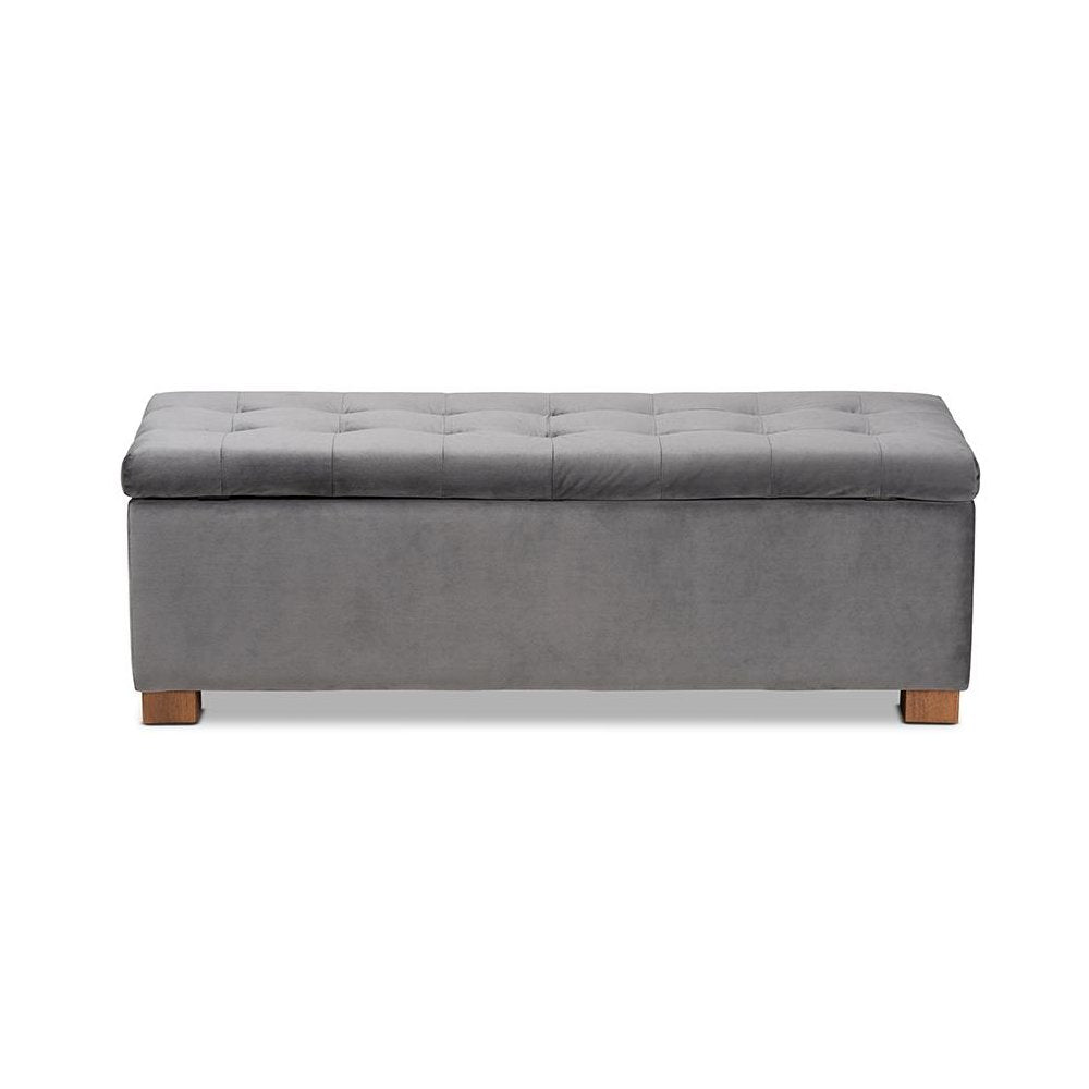 Grey Velvet Fabric Upholstered Grid-Tufted Storage Ottoman Bench