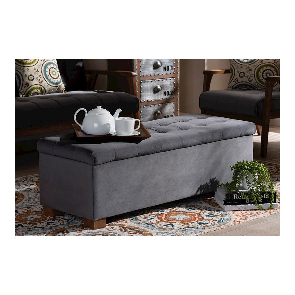 Grey Velvet Fabric Upholstered Grid-Tufted Storage Ottoman Bench