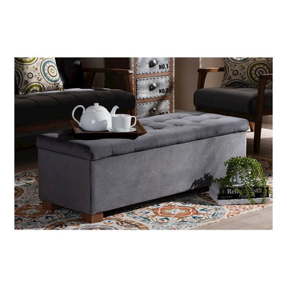 Grey Velvet Fabric Upholstered Grid-Tufted Storage Ottoman Bench