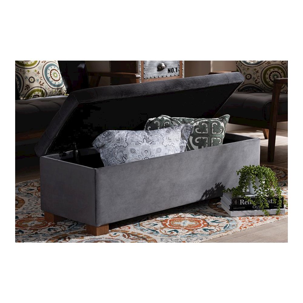 Grey Velvet Fabric Upholstered Grid-Tufted Storage Ottoman Bench