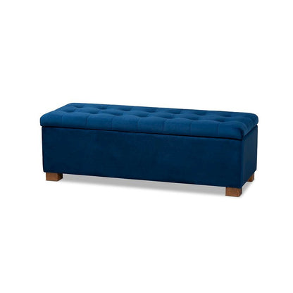 Navy Blue Velvet Fabric Upholstered Grid-Tufted Storage Ottoman Bench