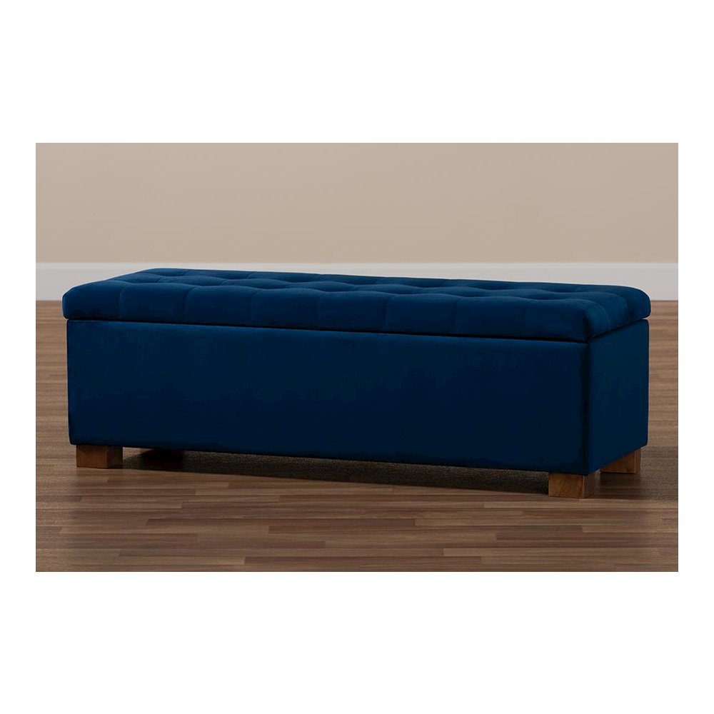 Navy Blue Velvet Fabric Upholstered Grid-Tufted Storage Ottoman Bench