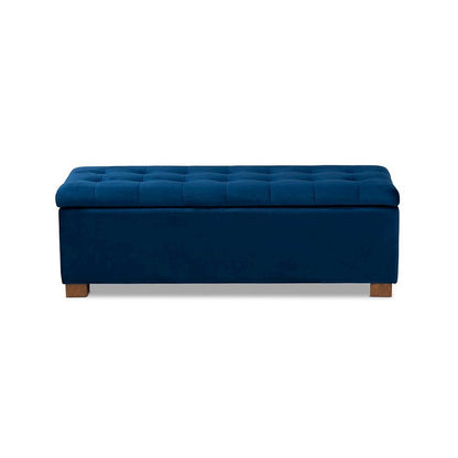 Navy Blue Velvet Fabric Upholstered Grid-Tufted Storage Ottoman Bench