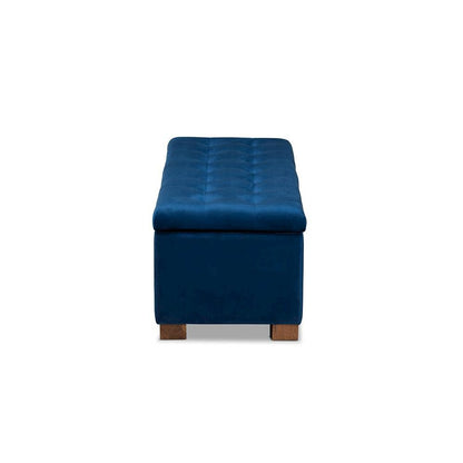 Navy Blue Velvet Fabric Upholstered Grid-Tufted Storage Ottoman Bench