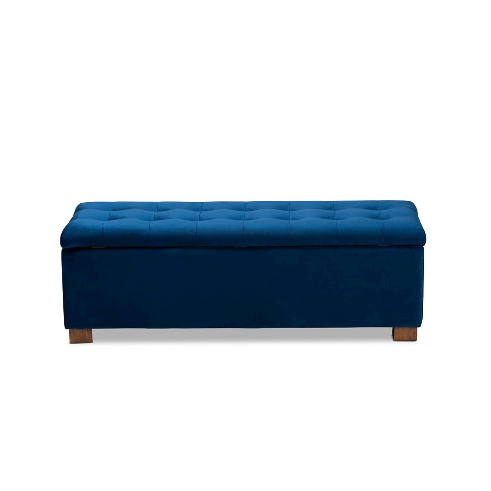Navy Blue Velvet Fabric Upholstered Grid-Tufted Storage Ottoman Bench