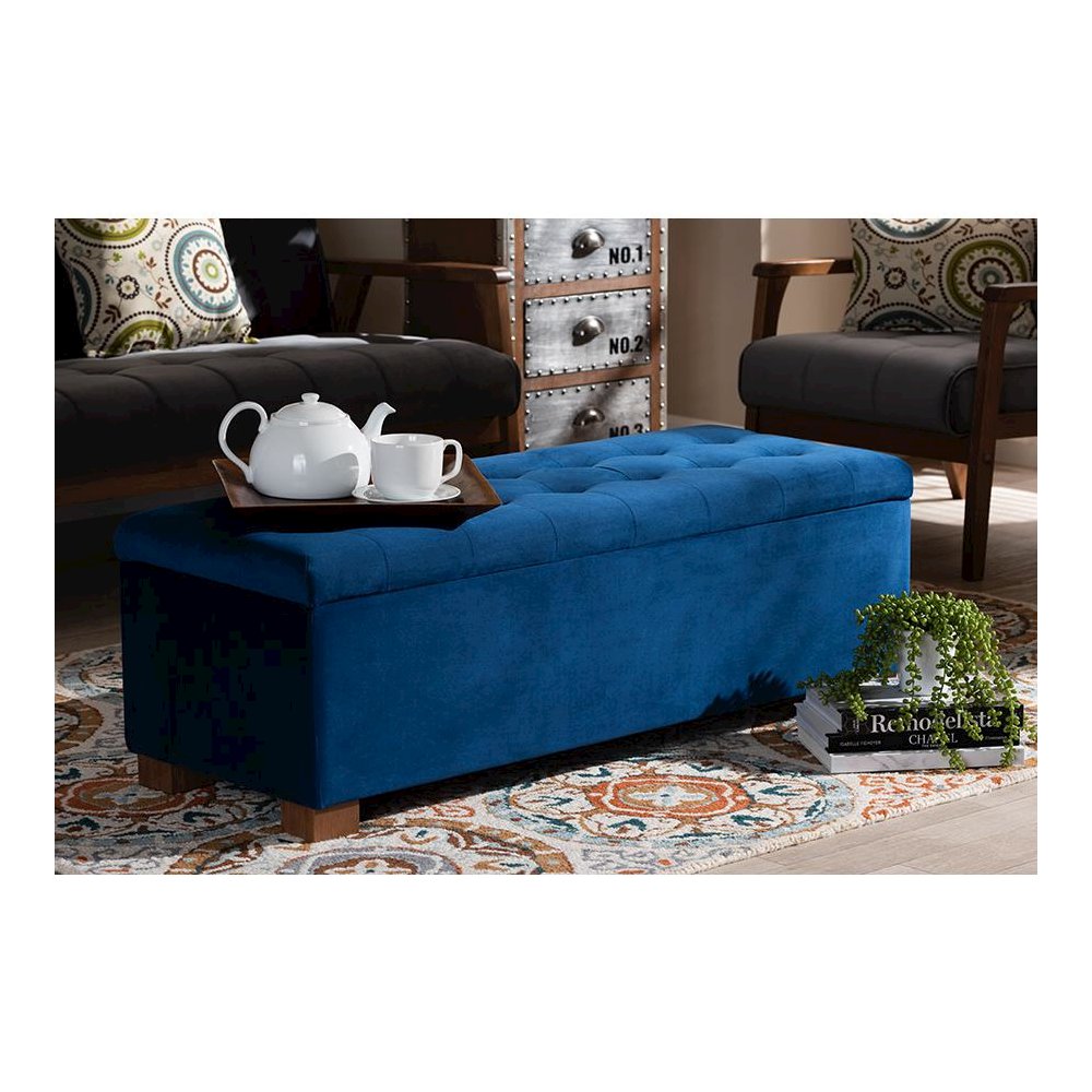 Navy Blue Velvet Fabric Upholstered Grid-Tufted Storage Ottoman Bench