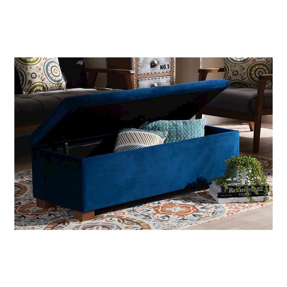 Navy Blue Velvet Fabric Upholstered Grid-Tufted Storage Ottoman Bench