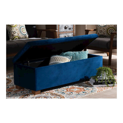 Navy Blue Velvet Fabric Upholstered Grid-Tufted Storage Ottoman Bench