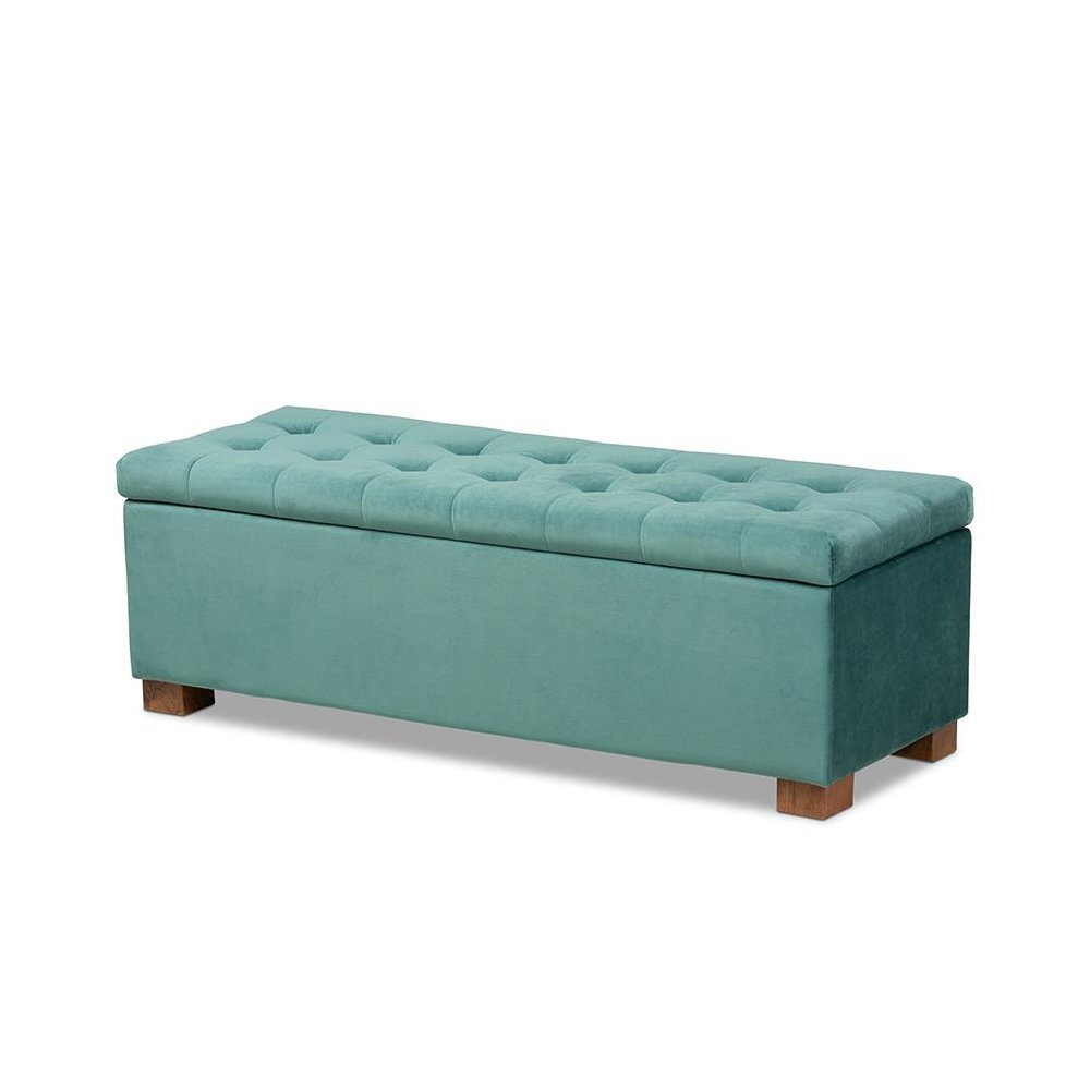 Teal Blue Velvet Fabric Upholstered Grid-Tufted Storage Ottoman Bench