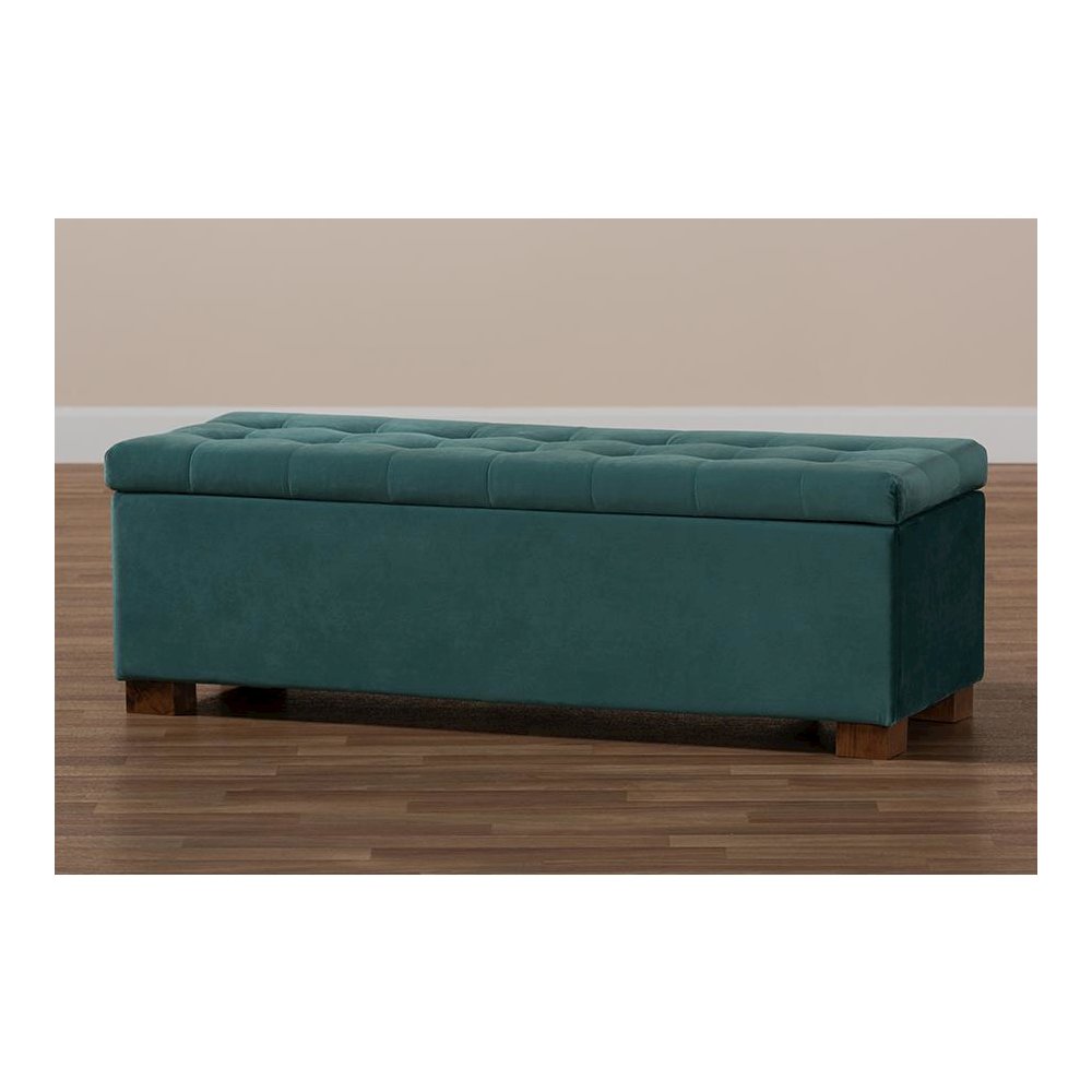 Teal Blue Velvet Fabric Upholstered Grid-Tufted Storage Ottoman Bench