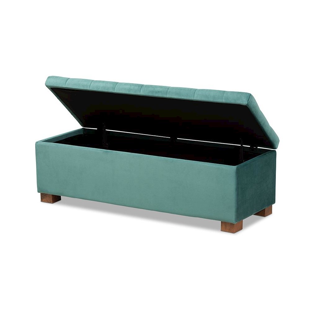 Teal Blue Velvet Fabric Upholstered Grid-Tufted Storage Ottoman Bench
