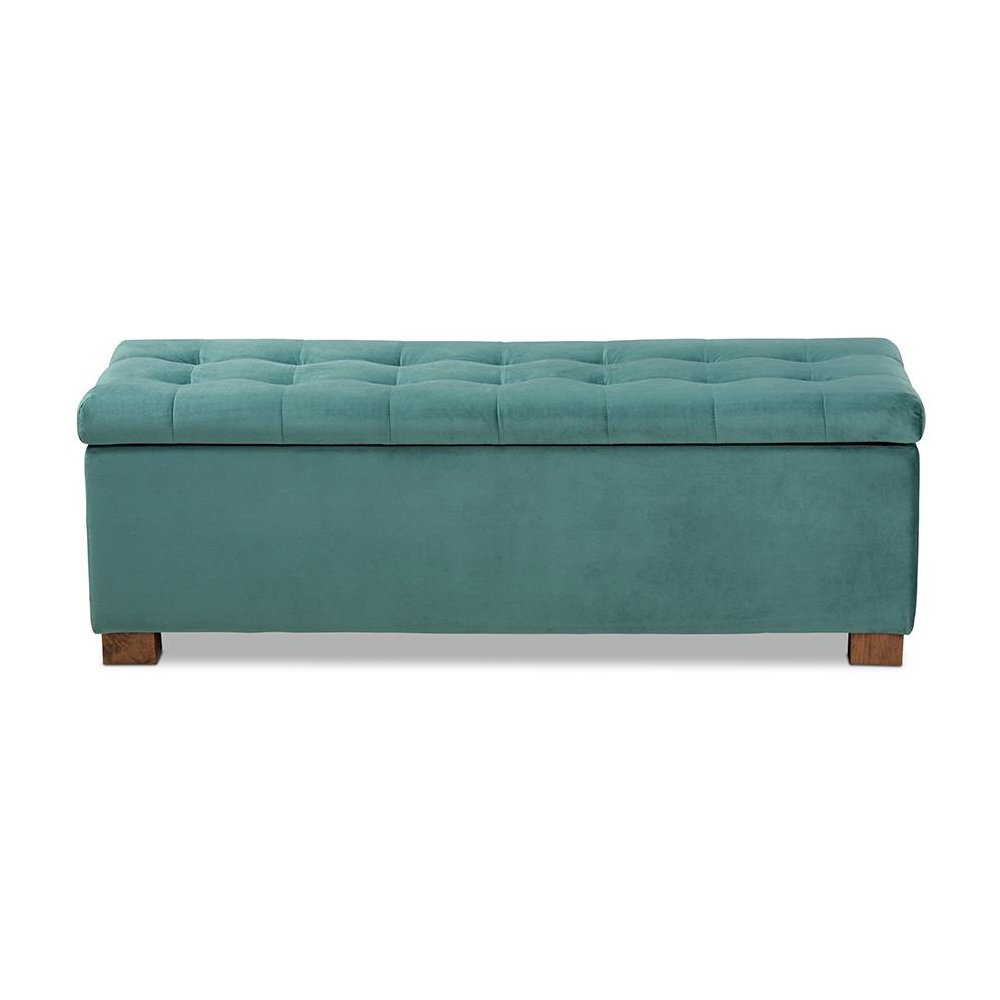 Teal Blue Velvet Fabric Upholstered Grid-Tufted Storage Ottoman Bench