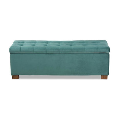 Teal Blue Velvet Fabric Upholstered Grid-Tufted Storage Ottoman Bench