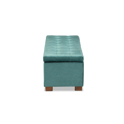 Teal Blue Velvet Fabric Upholstered Grid-Tufted Storage Ottoman Bench