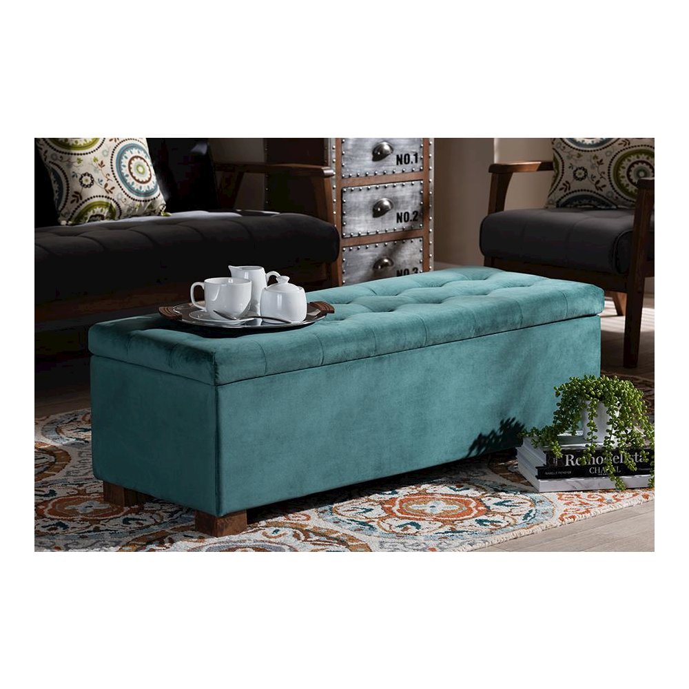 Teal Blue Velvet Fabric Upholstered Grid-Tufted Storage Ottoman Bench