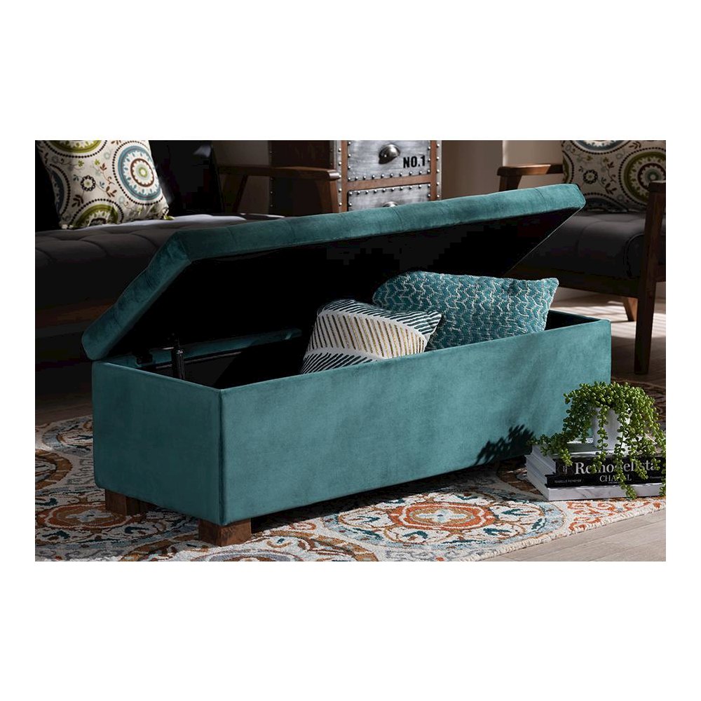 Teal Blue Velvet Fabric Upholstered Grid-Tufted Storage Ottoman Bench