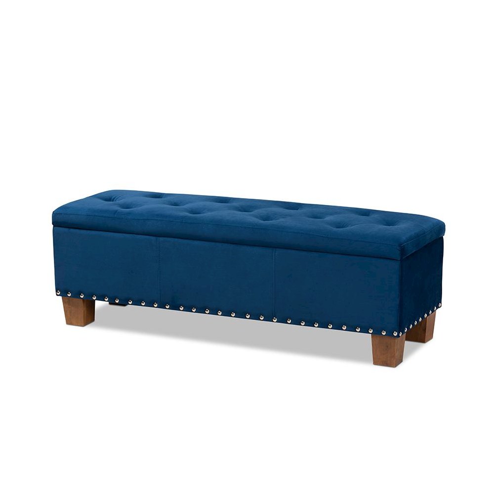 Navy Blue Velvet Fabric Upholstered Button-Tufted Storage Ottoman Bench
