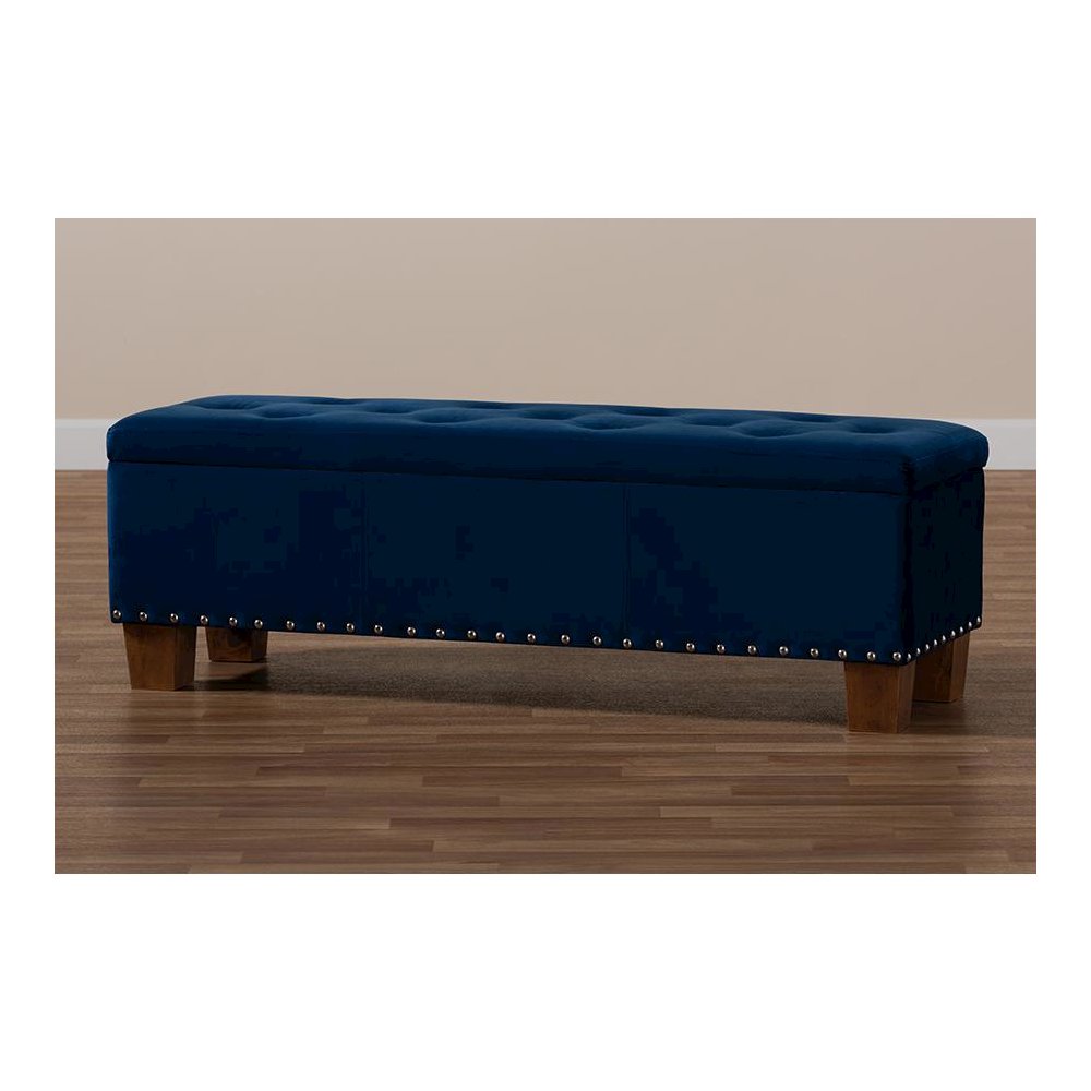 Navy Blue Velvet Fabric Upholstered Button-Tufted Storage Ottoman Bench