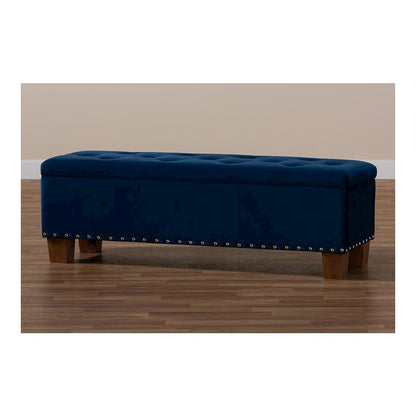 Navy Blue Velvet Fabric Upholstered Button-Tufted Storage Ottoman Bench