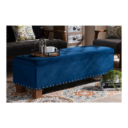 Navy Blue Velvet Fabric Upholstered Button-Tufted Storage Ottoman Bench